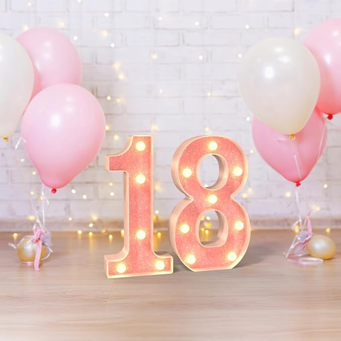 Marquee Light up Numbers 0-9, Battery Powered LED Light, Pink Glitter Plastic Sign, Night Light Decor for Graduation, Engagement, Wedding, Baby Shower, Birthday (Number 8)