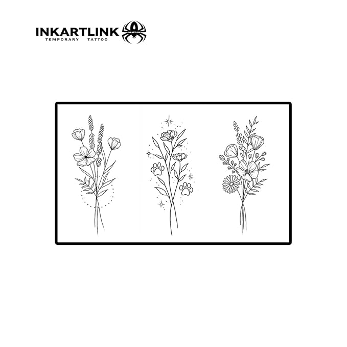 INKARTLINK Women's Semi-Permanent Floral Temporary Tattoos - Adult Art Design, Cruelty-Free, Waterproof, Non-Reflective (3 Sketch Flowers)