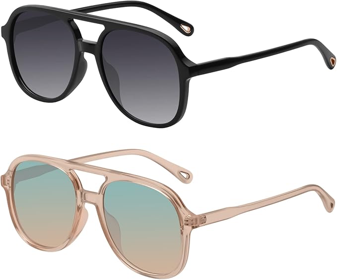 YDAOWKN Retro Square Aviator Sunglasses for Womens Mens Vintage 70s Double Bridge Sun Glasses