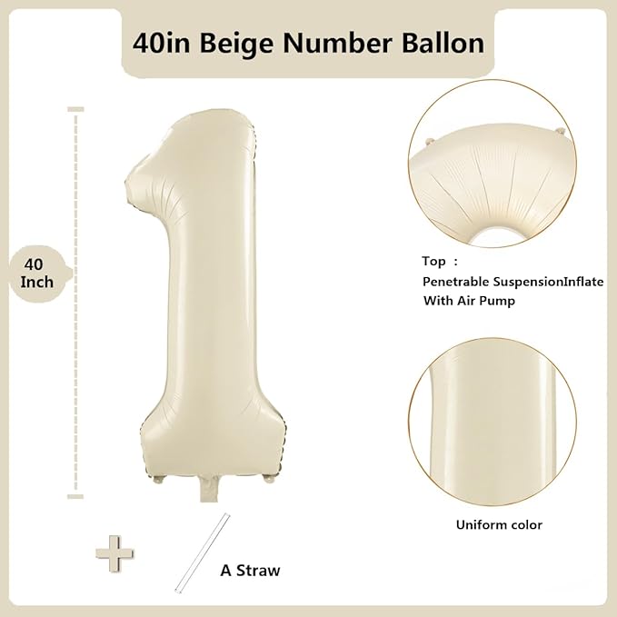 40 inch Cream White Number Balloon Giant Foil Helium Balloons Beige Number 1 Balloon for 1st Birthday Party Anniversary Decorations Supplies