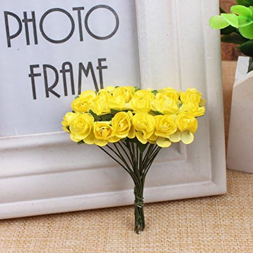 144pcs Mulberry Paper Mini Roses Artificial Flowers Heads with Stems for DIY Crafts Accessories Make Bridal Hair Clips Headbands Dress Wedding Bridal Bouquets Party Home Decor Valentine's (Yellow)