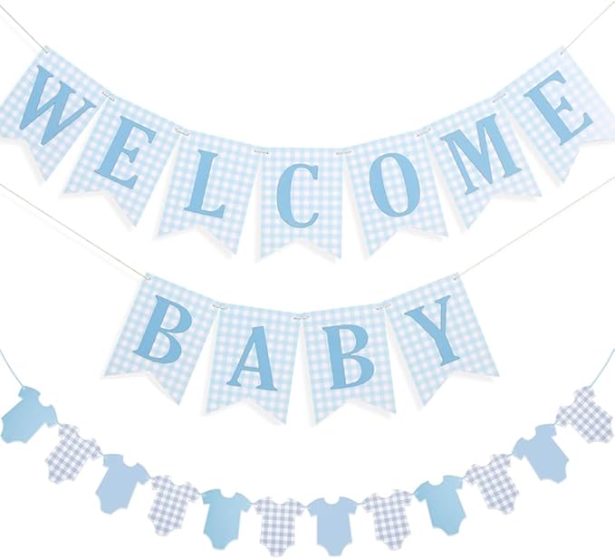 Baby Boy Shower Drcoration - Pre-strung Welcome Baby & Bodysuit Banner - Blue Baby Shower Decor for Boy, Gender Reveal, Photo Prop, Baby Boy Shower Door Sign﻿