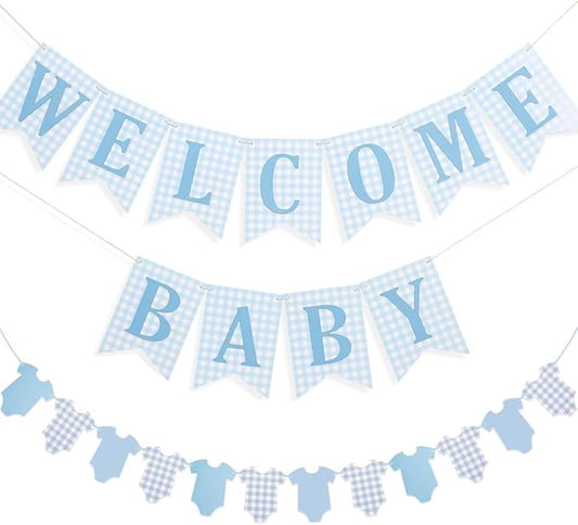 Baby Boy Shower Drcoration - Pre-strung Welcome Baby & Bodysuit Banner - Blue Baby Shower Decor for Boy, Gender Reveal, Photo Prop, Baby Boy Shower Door Sign﻿