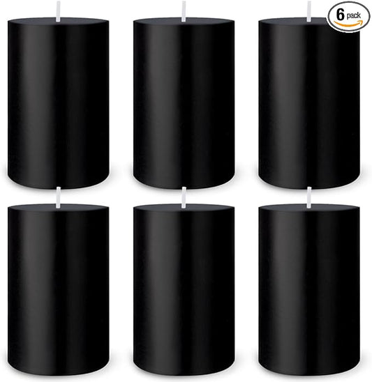 6 Packs 2.75x4 Inch Black Pillar Candles, Unscented Dripless Cylinder Wax Solid Colored Candles for Haloween Home Table Holiday Party Spa Decor Emergency Power Outage