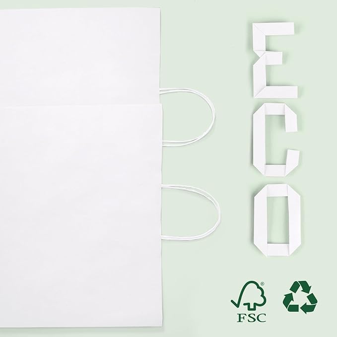 MESHA White Large Paper Bags 16x6x12 Inch 100 Pack Kraft Shopping Gift Bags with Handles Bulk for Small Business, Party, Recycled