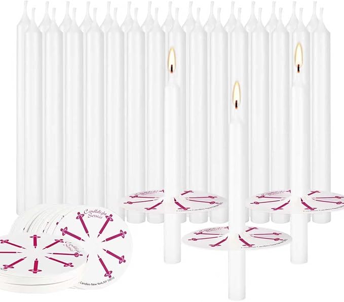 100-Pack White Unscented Taper Candles with Drip Protectors, 4.7" x 0.47" - Smokeless Pure Wax Prayer Candles for Church, Vigil, Memorial, Shabbat & Religious Services