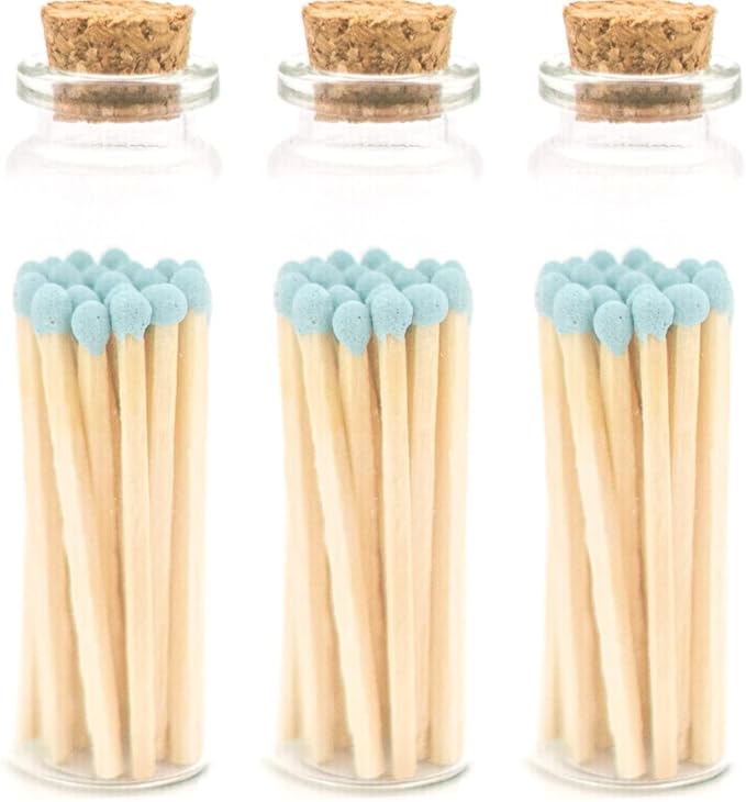 River Birch Decorative Matches in a Bottle with Striker - Cute & Colored Matches - 3 Bottles, Baby Blue Tip, 60 Matches