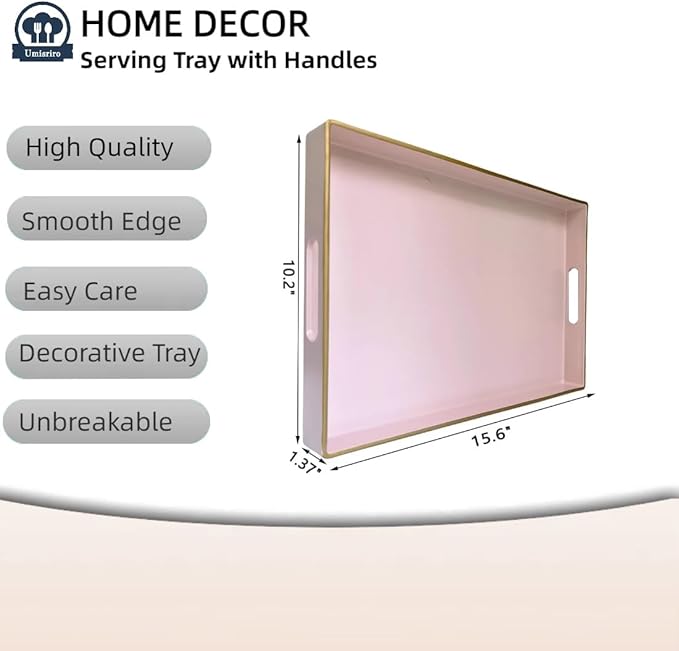 Pink Serving Tray with Handles, Rectangular Decorative Tray for Coffee Table, Plastic Ottoman Tray for Living Room, Bathroom, Kitchen Tabletop, 15.6”x 10.2”x1.37”