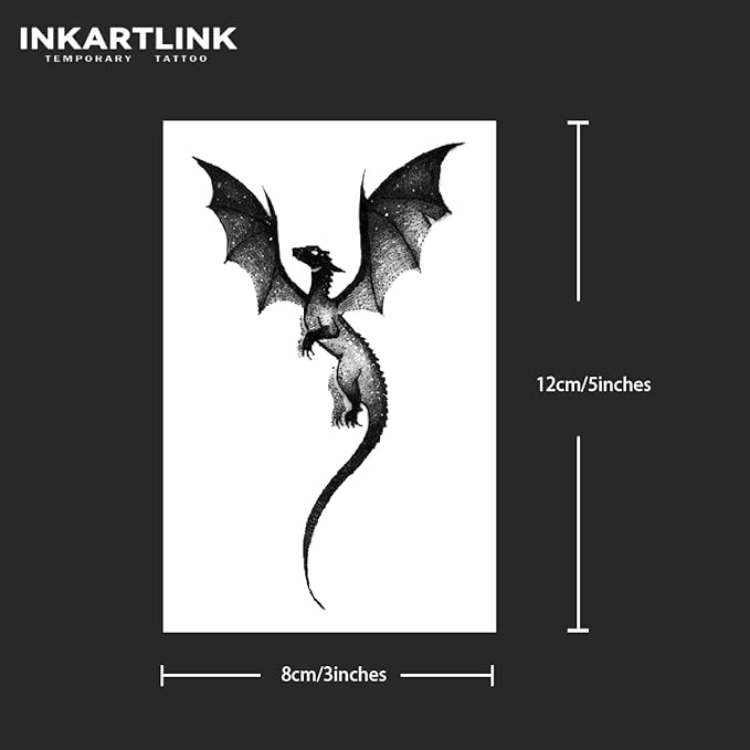 INKARTLINK Temporary Tattoos, 2 Sheets Medium Semi Permanent Tattoo Adult Art Design Waterproof Temp Party Favors Tattoo Stickers Realistic Look, No Adhesive, Lasts 1-2 Weeks Black (Dragon)