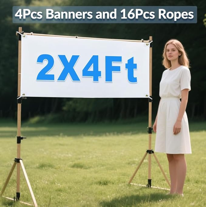 4 Pack 2 x 4ft White Craft Blank Banner - Oxford Cloth Heat Transfer Printing Sign with 16 Ropes, for Art Projects, Happy Birthday Parties Decorations