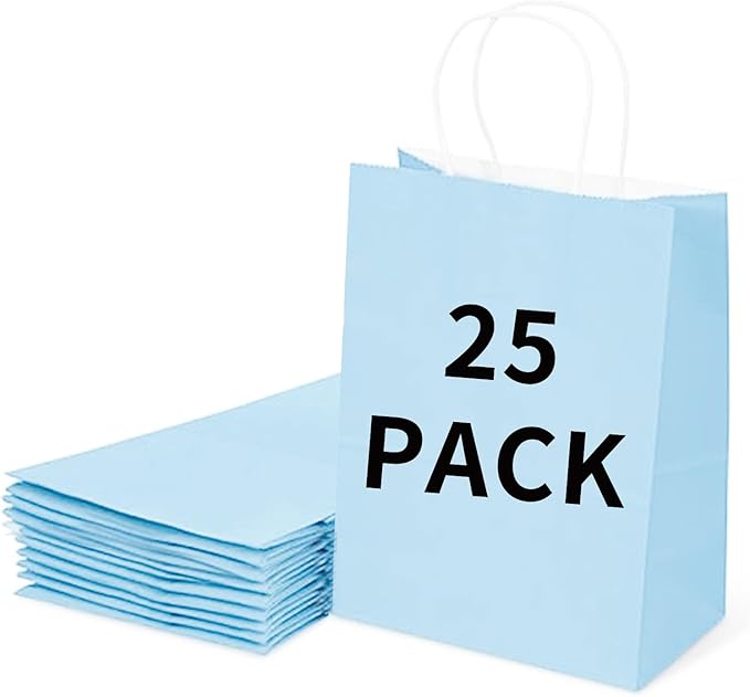 BAG BOX 25 Pack Medium 8.25x4.3x10.6 Inch Blue Kraft Paper Gift Bags with Handles for Bulk Shopping, Retail, Craft, Party Favors, Wedding, Grocery & Sacks