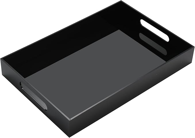 Glossy Black Acrylic Serving Tray with Handles-Butler Trays for Coffee Table, Snacks,Breakfast in Bed, Kitchen Countertop,Vanity,Makeup Organizer,Ottoman (Black, 10x15 Inches)