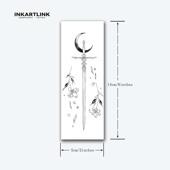INKARTLINK Tattoo Tech, 2 Sheets Medium Semi Permanent Tattoo, Adult Art Design Temporary Tattoos, Lasts 1-2 Weeks, Waterproof, Realistic Look (Floral Language Series: Moonlight Sword Design)