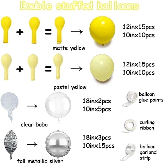 Yellow Balloon Arch Kit, Double Stuffed Pastel Yellow Sliver Metallic Balloon Garland Clear Bobo Balloons for Wedding Baby Shower Birthday Bridal to Bee Fall Party Decorations