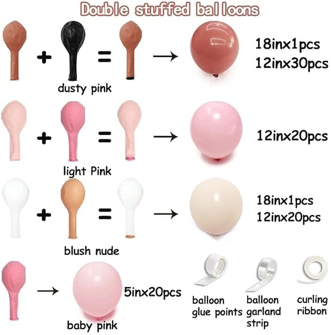 Dusty Pink Balloon Arch Kit, Double Stuffed Dusty Rose Muave Light Pink Cream Balloons Blush Nude Balloon Garland for Boho Baby Shower Bridal Shower Birthday Fall Thanksgiving Party Decorations