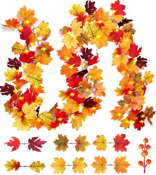 AKIT Fall Decor Lighted Fall Garland 45 LED Outdoor String Lights Waterproof with Timer - Thanksgiving Fall Decorations for Home Halloween Garland for Mantle Indoor