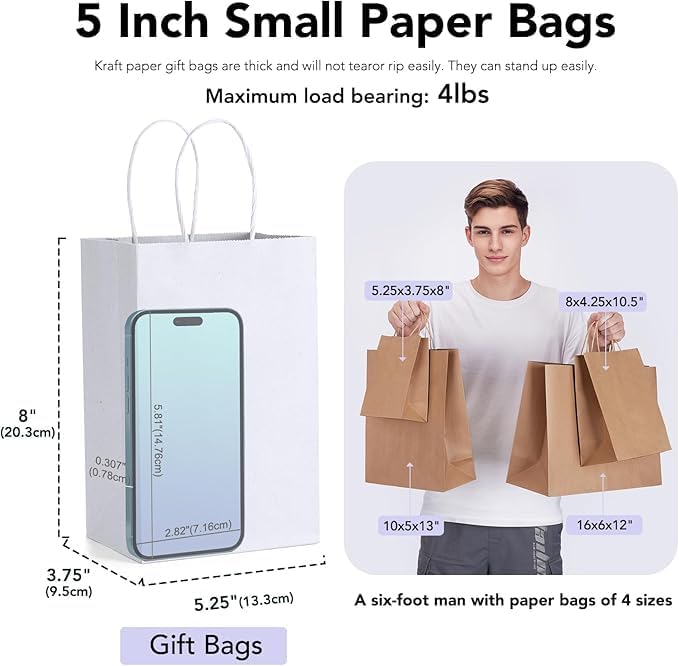 GSSUSA 5.25x3.75x8 1000Pcs White Gift Bags with Handles，Small Gift Bags for Shopping, Craft, Grocery, Party, Retail, Lunch, Business, Wedding, Merchandise, Boutique