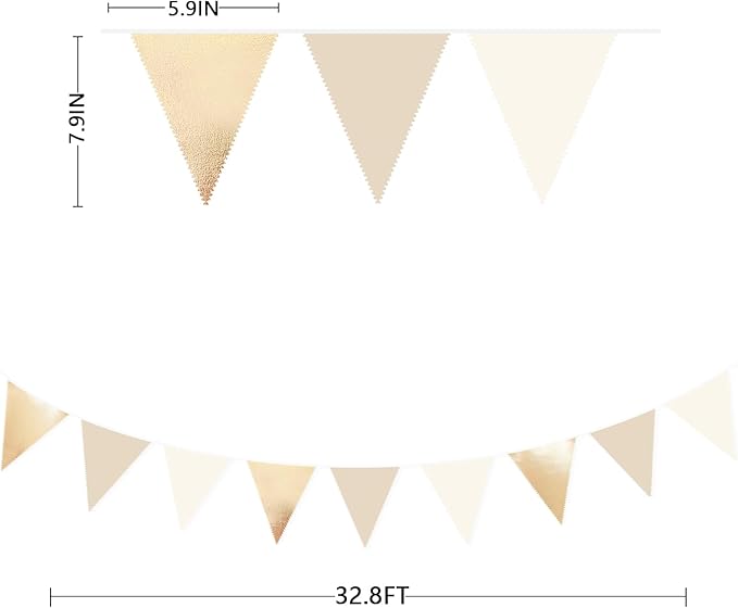 32Ft Champagne Gold Party Decorations Metallic Champagne Gold Beige Fabrci Pennant Banner Triangle Flag Garland Streamers for Birthday Anniversary Wedding Baby Bridal Shower Martini Party Supplies