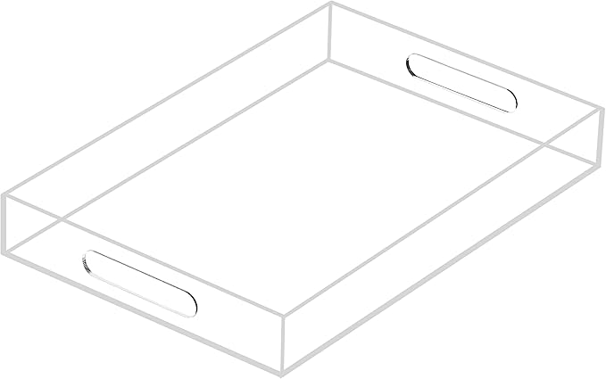 Clear Sturdy Acrylic Serving Tray with Handles 10x15x2H Inches -Spill Proof- Decorative Trays Countertop Organizer for Ottoman Coffee Table Nightstand, sidetable, Breakfast, Tea, Food