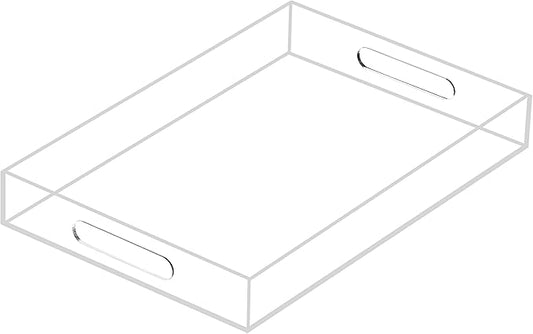 Clear Sturdy Acrylic Serving Tray with Handles 10x15x2H Inches -Spill Proof- Decorative Trays Countertop Organizer for Ottoman Coffee Table Nightstand, sidetable, Breakfast, Tea, Food