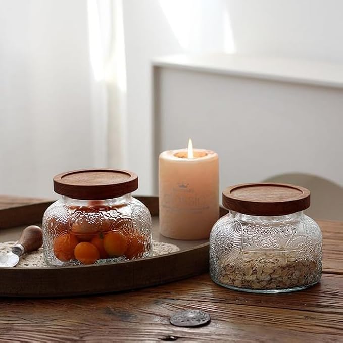 ANSQU Vintage Glass Food Storage Jar, Glass Jar with Wooden Lid, 25.4 FL OZ Decorative Glass Jar for Home Kitchen, Holds Coffee, Candy, Cookie, Sugar (Large Flower)