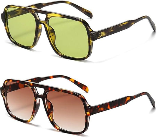 Retro Aviator Sunglasses for Women Men Trendy Classic 70s Square Green Aviator Sun Glasses Vintage Shades