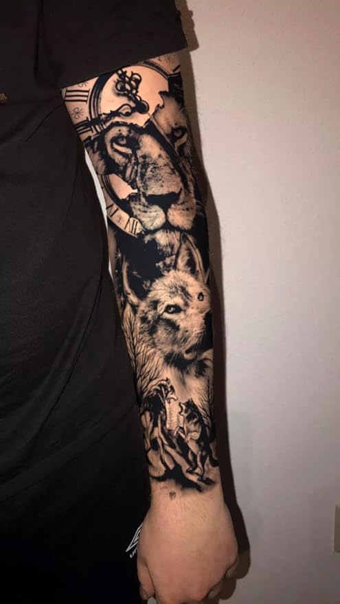 INKARTLINK Semi Permanent Tattoo, 2 Pieces Full Arm Large Size Art Party Tattoos, Comes with a Pair of Anti-Transfer Sleeves, Lasts 7-15 Days, Waterproof and Anti-Reflective (Lion, Wolf, Clock)