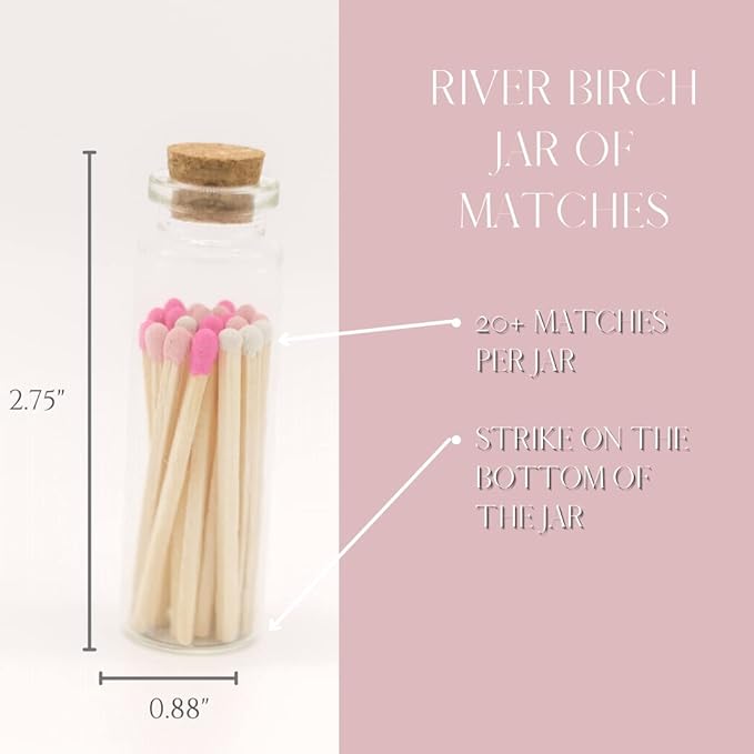 River Birch Shades of Pink Decorative Matches | 120+ Small Premium Wooden Safety Matches | 6 Bottles of 20+ Each With Striker on Bottom | Home Decor
