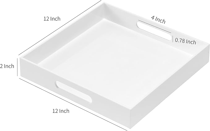 Glossy White Acrylic Serving Tray with Handles, 12x12x2H Inches - Spill Proof, Decorative Trays for Countertop, Ottoman Coffee Table, Nightstand, Breakfast, Tea, Food