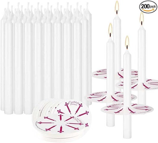 100-Pack White Unscented Taper Candles with Drip Protectors, 4.7" x 0.47" - Smokeless Pure Wax Prayer Candles for Church, Vigil, Memorial, Shabbat & Religious Services