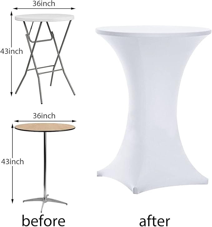 Tina's 4 Pack 36x43 Inch Highboy Spandex Cocktail Table Covers, White, Fitted Stretch Cocktail Table Tablecloth for Round Tables