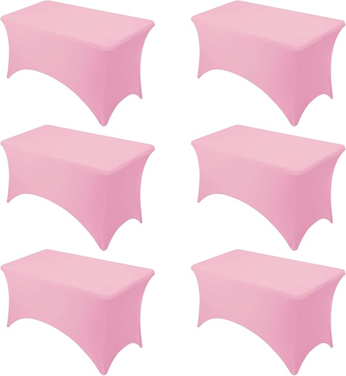 6-Pack Premium Pink Spandex Tablecloths for 4ft Rectangle Tables, Stain & Wrinkle-Resistant, Washable Stretch Polyester Fitted Table Cover for Weddings, Banquets, Trade Shows Events