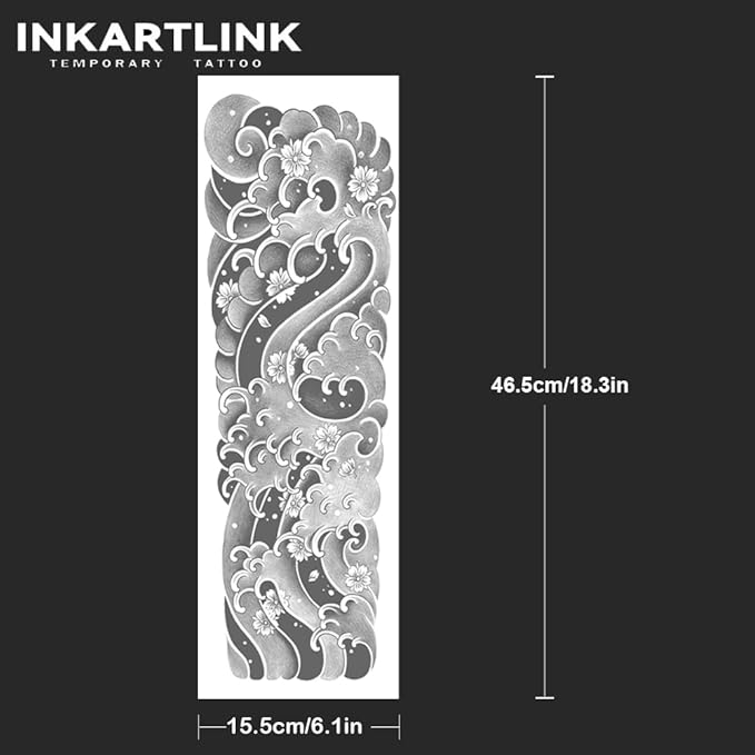 INKARTLINK Semi Permanent Tattoo, 2 Pieces Full Arm Large Size Art Party Tattoos, Comes with a Pair of Anti-Transfer Sleeves, Lasts 7-15 Days, Waterproof (Japanese Ocean Wave Tattoo)