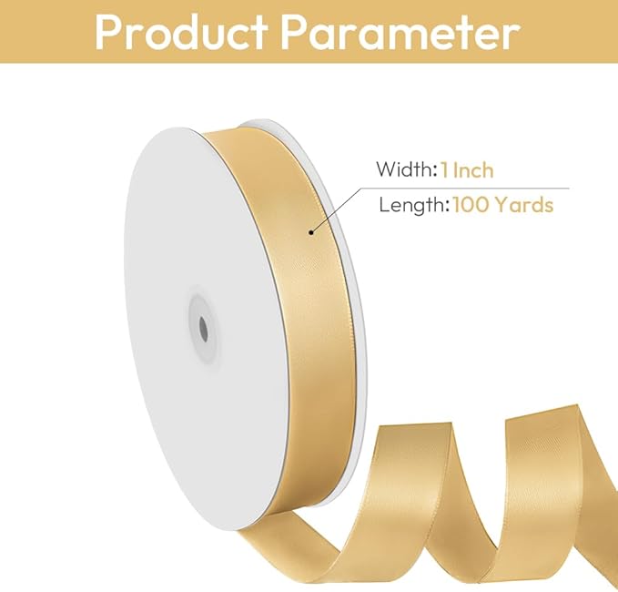 1" Width x 100 Yards Satin Ribbon, Light Gold Ribbon Perfect for DIY Craft, Bows, Gift Wrapping, Flower Bouquet, Valentine's Day, Christmas and Party Decoration