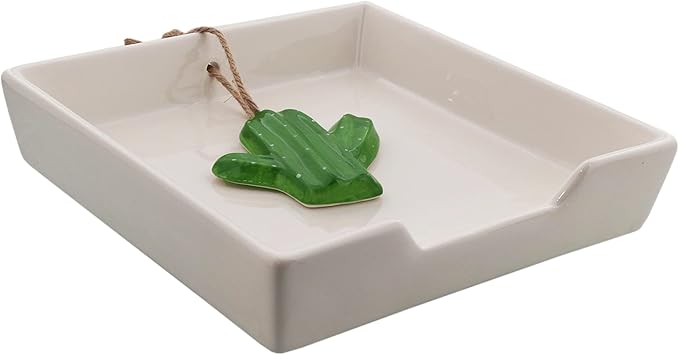 White Ceramic Lunch Napkin Holder with Roped Weight - Cactus