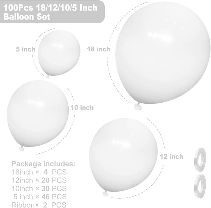 100Pcs White Balloons, White Balloon Garland Arch Kit 18/12/10/5 Inch Pastel White Latex Balloon Different Sizes Pack for Birthday Wedding Baby Shower Graduation White Theme Party Decoration