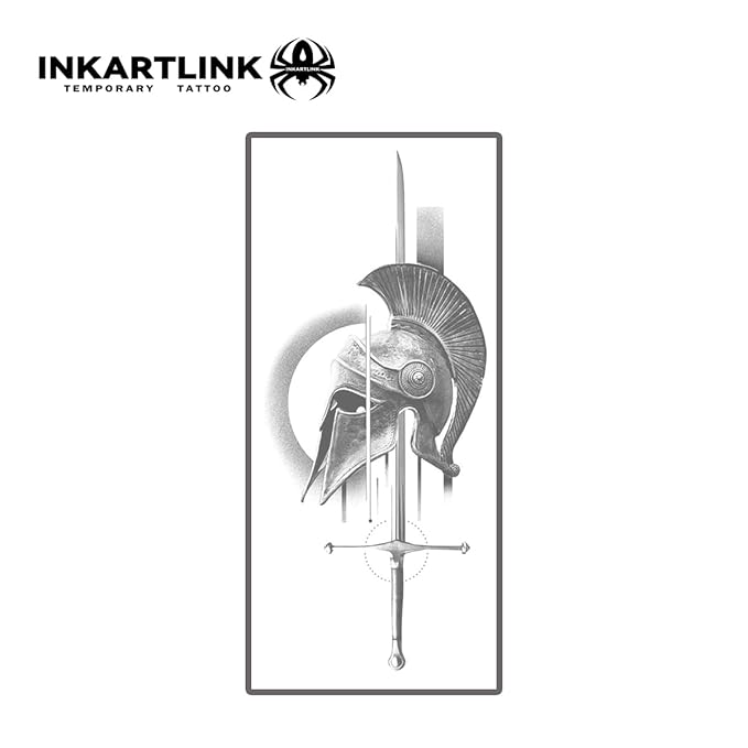 INKARTLINK Tattoo Tech, 2 Sheets Medium Semi Permanent Tattoo, Adult Art Design Temporary Tattoos, Lasts 1-2 Weeks, Waterproof, Realistic Look, No Reflection (Helmet And Sword)