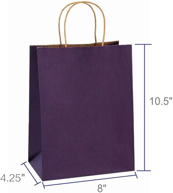 BagDream Gift Bags 8x4.25x10.5 Inches 25Pcs Kraft Paper Bags with Handles, Purple Stripes, for Shopping, Retail, Merchandise, Business, Party Favor Paper Gift Sacks