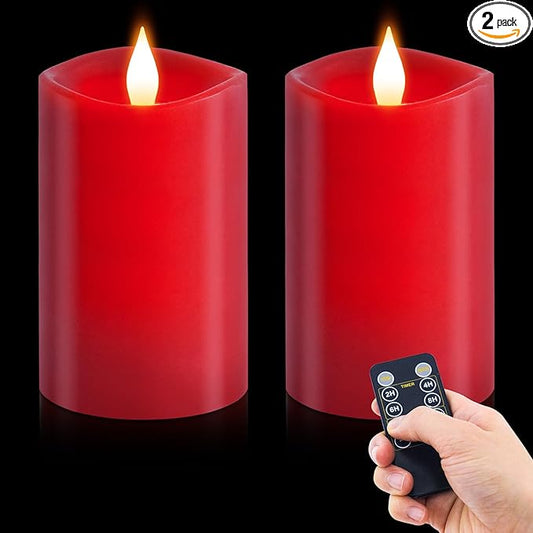 2PCS, 3 x 5 inches Flameless Candle with Remote Control, 3D Flickering Wick, Real Wax Pillar LED Candles, Battery Operated Candles,with Timer,for Holiday Home Decor, Red