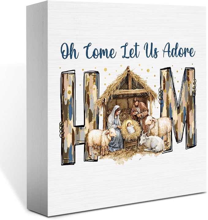 Oh Come Let Us Adore Him Sign Christian Christmas Decorations Religious Bible Gifts for Women Men Baptism Decorations for Home Desk Table Shelf 5 X 5 Inch