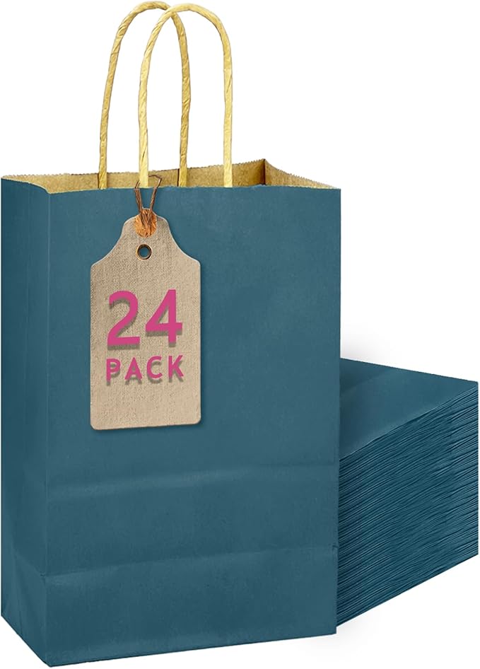 qiqee Ink Blue Gift Bag with Handles Bulk 24Pcs Paper Bags -10.6"x8.3"x4.3"Party Favor Bags - Solid Color