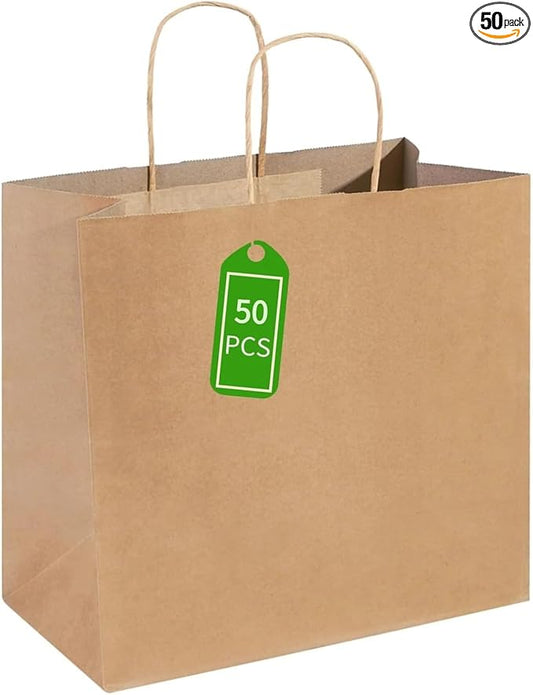 PAICUIKE 50Pcs Large Brown Paper Bags with Handles, 13x7x13 Inch Gift Bags for Business, Shopping, Party, Wedding & Birthday | Natural Brown Kraft Bags for Retail, Merchandise & Events