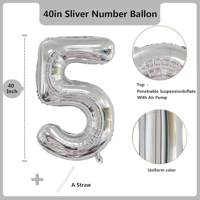 40 inch Silver Number Balloon Giant Foil Helium Balloons Silver Number 5 Balloon for 5th Birthday Party Anniversary Decorations Supplies