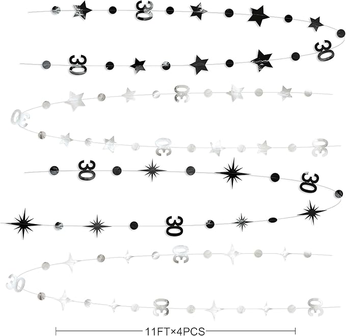 Silver Black 30th Birthday Decorations Number 30 Circle Dot Twinkle Star Garland Metallic Streamer Bunting Banner Backdrop for Mens Womens Happy Dirty 30 Year Old Thirty Anniversary Party Supplies