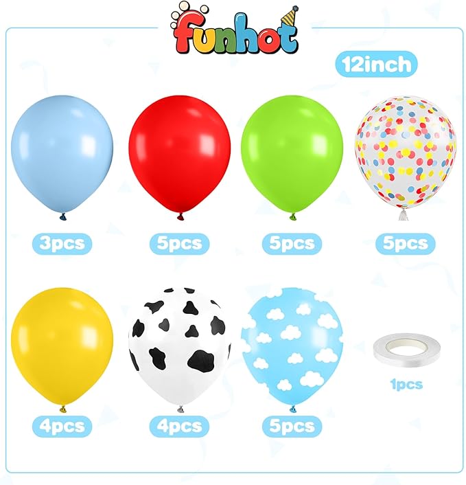 Red Yellow Blue Balloons,12 Inch Cow Print Sky Blue Cloud Balloons and Red Blue Yellow Green Confetti Balloon for Boys GirlsThemed Birthday Party Decorations
