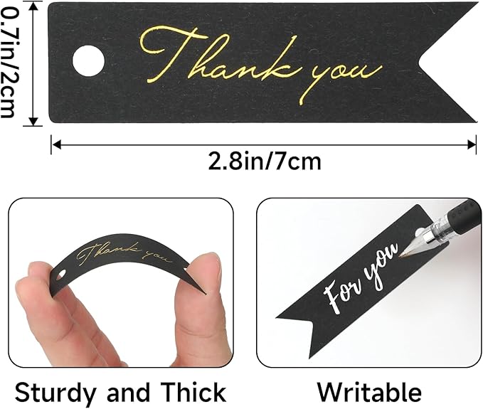G2PLUS High-end Metallic Gold Thank You Tags, 100PCS 2.8'' x 0.8'' Gift Tags with String for Arts and Crafts,Gift Wrapping (Black)