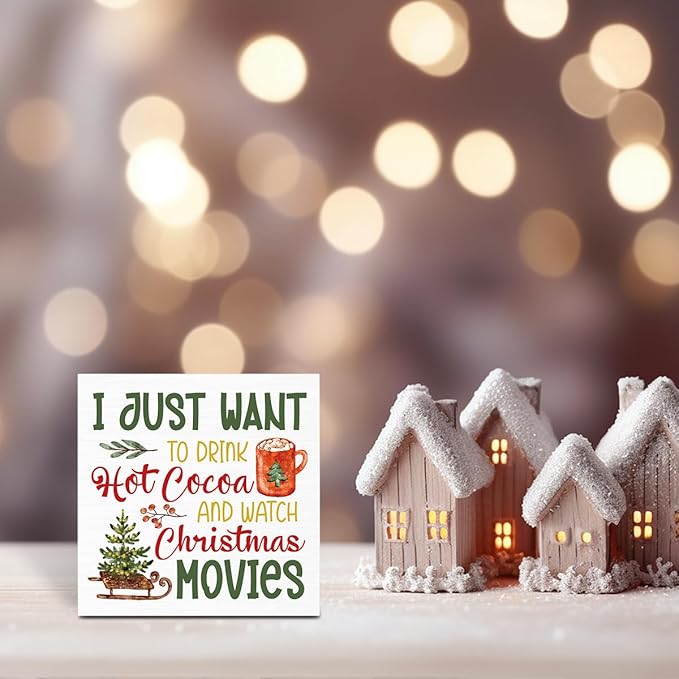 Christmas kitchen Coffee Decor Xmas Lets Bake Stuff Drink Hot COCOA & Watch Christmas Movies Sign for Holiday Kitchen Home Coffee Party Decoration 5 X 5 Inch