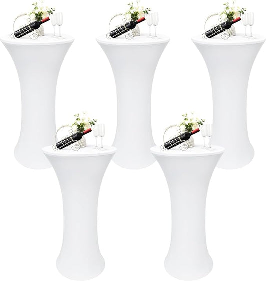 5PCS 24x43 Inch Round Fitted Cocktail Table Cover White Spandex Cocktail Table Cloth Highboy Fitted Tablecloth High Top Table Cloths for Party Pub Banquet Bistro