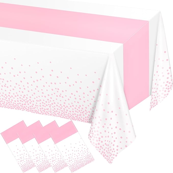 WNINK 4 Pack White and Light Pink Tablecloths, Light Pink Disposable Plastic Waterproof Table Cover, 54" x 108", for Birthday, Baby Shower，Wedding, Bridal Shower, Picnic Camping Parties