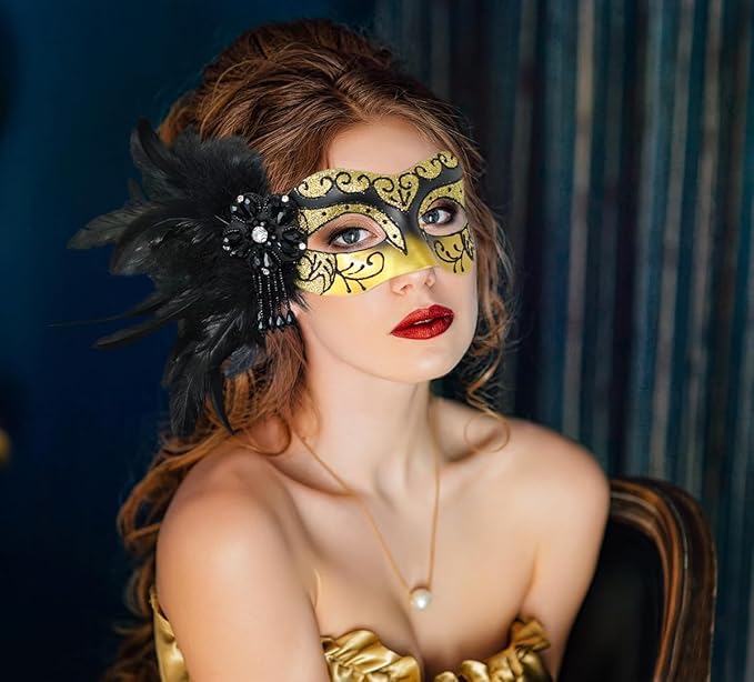 2025 New Gold and Black Masquerade Masks for Women with Feathers - Womens Mascarade Venetian Mask- Lady Mask for Masquerade Party, Mardi Gras, Halloween Cosplay Prom, Christmas, Birthday, Wedding